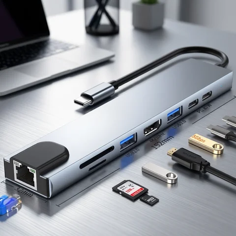 MacBook Adapter USB C Hub 8In1 7in2 7in1 Type C 3.1 To 4K HDMI Adapter with RJ45 SD/TF Card Reader PD Fast Charge for MacBook Notebook Laptop