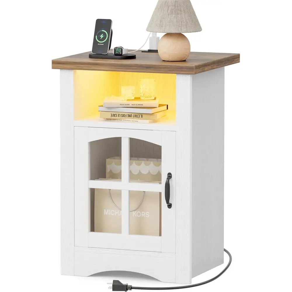 

Nightstand, End Table with Charging Station, LED Night Stand or Bedroom with Open Storage Shelf and Glass Door, Bedroom (1, Whit