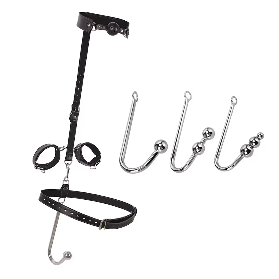 Adjustable Leather Collar BDSM Sex Toys Kit with Anal Hook Metal Butt Plug for Couple Bondage Flirt Adult Games