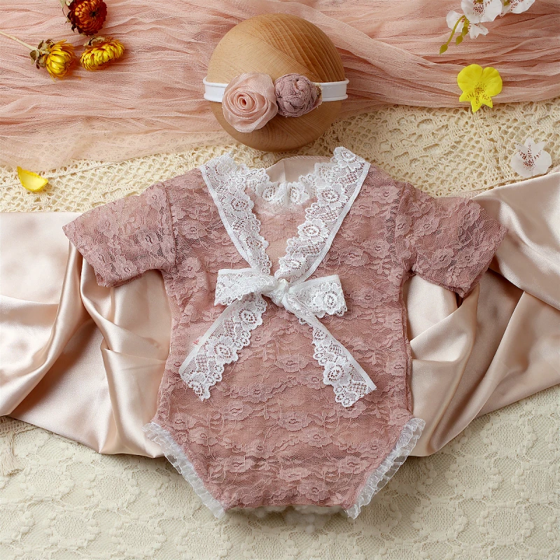 Ylsteed 2 Pieces Set Dusty Pink Newborn Girl Photography Outfits Baby Lace Romper with Bowknot Floral Headband Infant Photo Prop