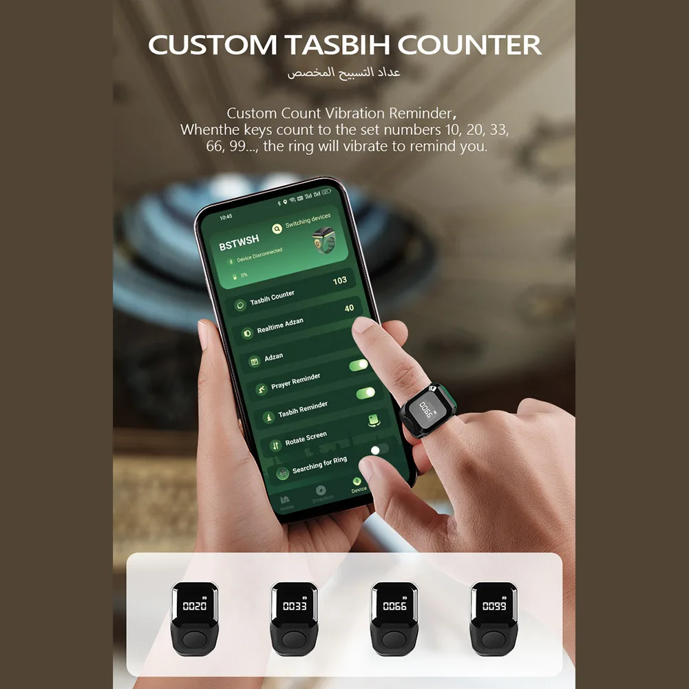 

1 Set Smart Ring Counter For-Bluetooth Control Display Silent Touch Customizable Type-C Rechargeable For-Muslims Prayer Tool