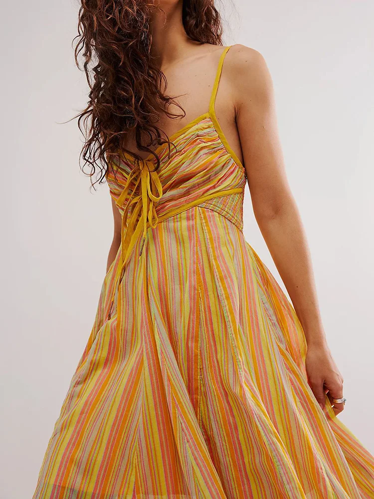 

V-Neck Casual Backless Fashion Party Dress, Women Summer Lace-Up Sleeveless Maxi Dress, Printing Loose Ladies Dress Streetwear