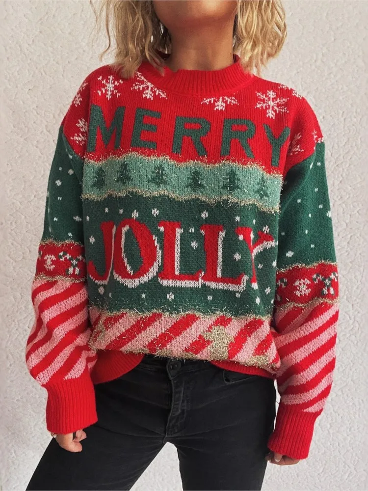 

Fashion Knit Print Sweater For Women Casual Christmas O Neck Long Sleeve Pullovers Sweaters Tops Lady Holiday Party Clothes New
