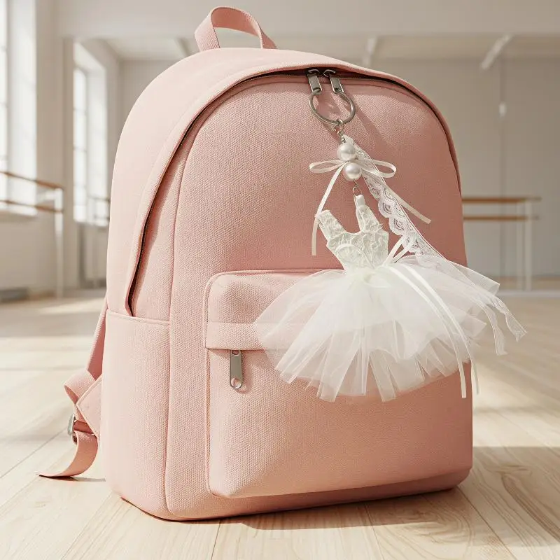 Ballet Dress Shaped Keychain Lace Tulle Skirt Faux Pearl Decor Bag Accessory for Wedding Party Favor