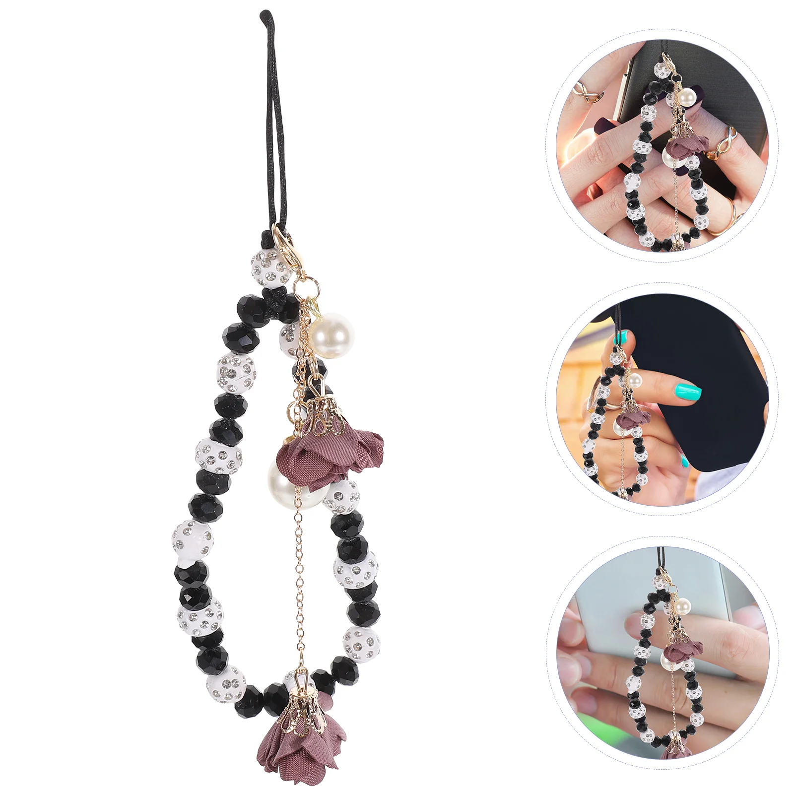 

Crystal Flower Pendant Bag Pendants Wrist Lanyard Lanyards -lost Keychain Strap Black Hanging Decoration Miss