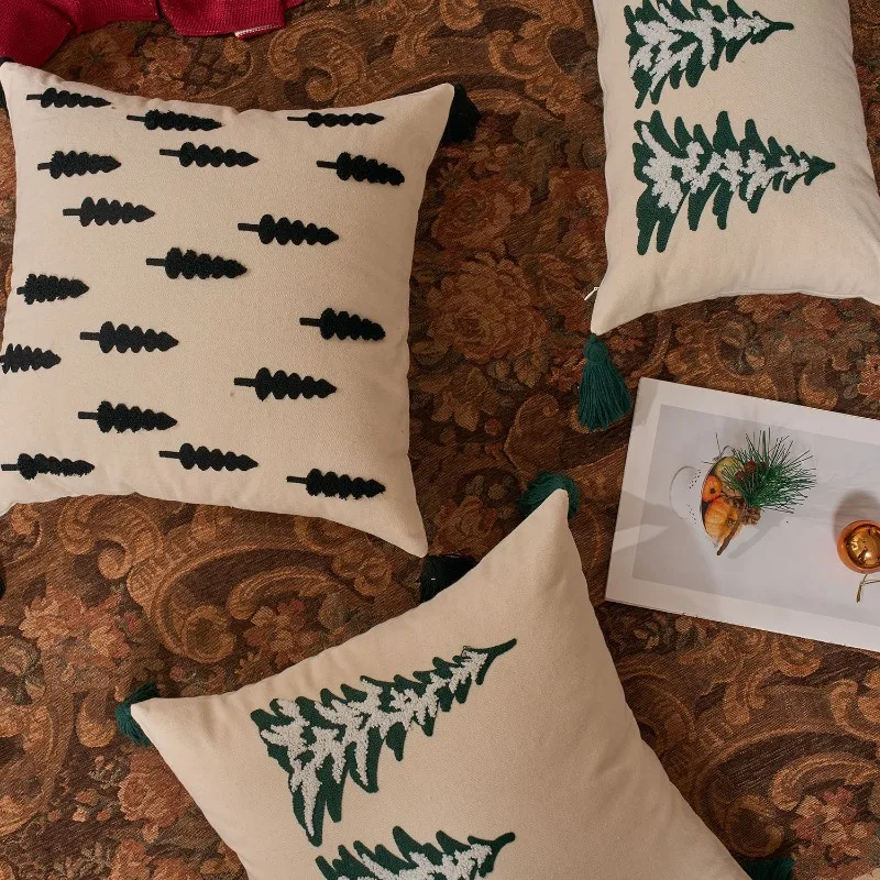 Cotton and Linen Christmas Tree Hugging Pillowcase Embroidered Pillow Cover Concealed Zipper Dustproof Living Room Decoration