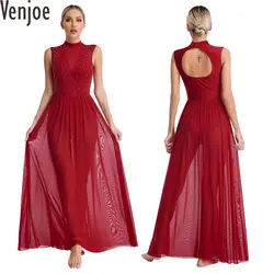 Vestido de baile lírico con diamantes de imitación brillantes para mujer, vestido largo con cuello simulado, sin mangas, superposición de tul, vestidos de leotardo contemporáneos modernos