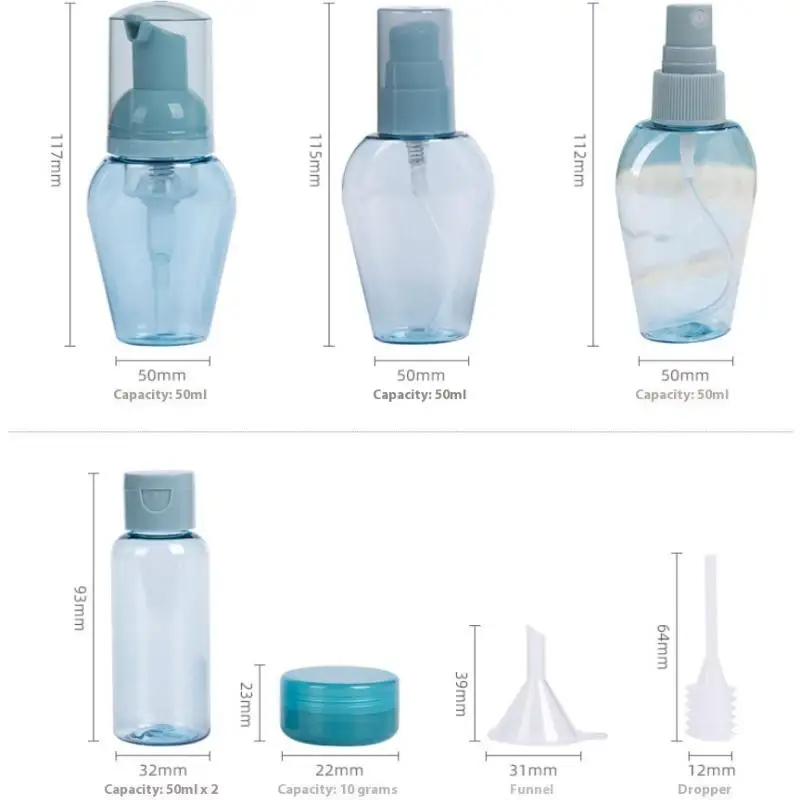 Kit de artículos de tocador con botellas de viaje portátiles, juego a prueba de fugas, contenedores cosméticos transparentes de tamaño de vuelo para loción y champú, 10 Uds.