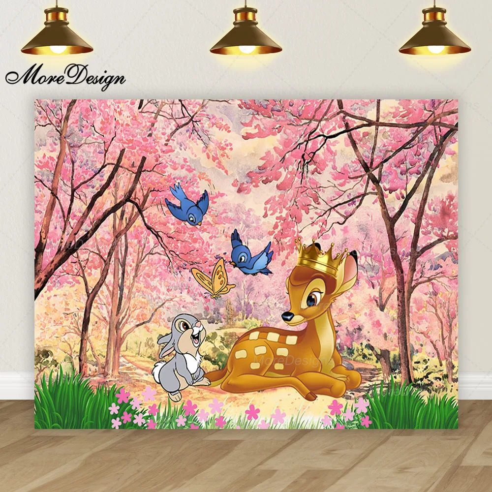 Bambi Photo Backdrop Kids Birthday Party Pink Flower Deer Vinyl Polyester Fabric Photo Background Decoration Banner