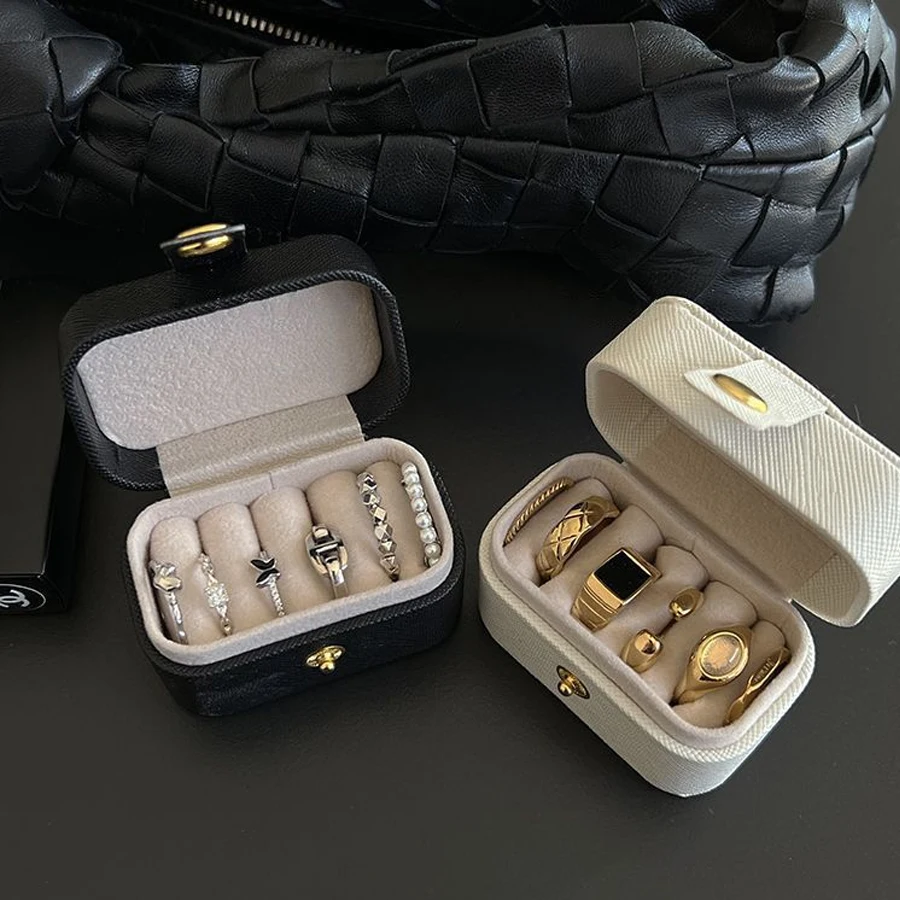 Portable Mini Travel Jewelry Box Leather Snap‑button Ring Storage Case Women Rings Earrings Organizer Display Gift Box