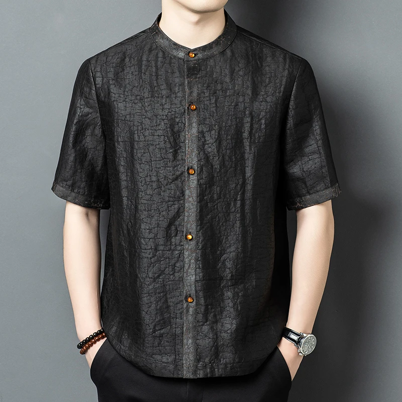 Patchwork Frog Button Shirts For Men Short Sleeve Real Silk 100% Summer High-Quality Skin-Friendly Lightweight Camisas De Hombre
