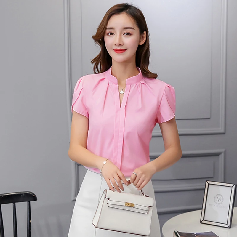 Women Chiffon Shirt Korean Elegant Slim Folds Short Sleeve Women Blouse New Casual Office Stand Collar All Match Ladies Tops