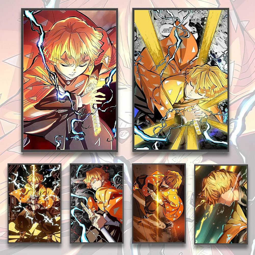 Demon Slayer Zenitsu Agatsuma Anime Figures Home Decoration Painting Nezuko Art Decor Kid Gift Self-adhesive Poster Wallpaper