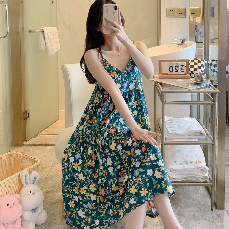 New Nightdress Women\'s Summer Spaghetti Strap Dress Long Print Simple Sleepwear Women Large Size Pajamas Sweet Girl Nightgowns