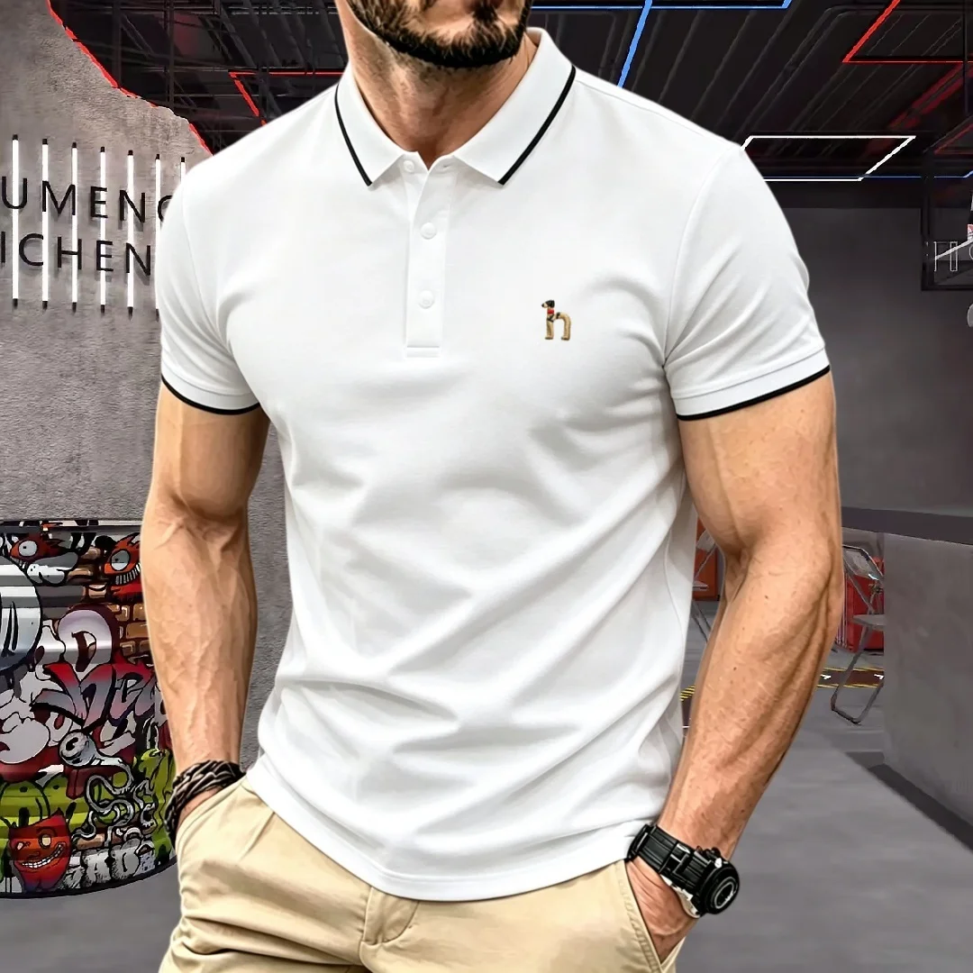 

Элитная мужская хлопковая футболка-поло с коротким рукавом, летняя модная люксовая полосатая серия, с вышивкой собаки, для гольфа, повседневная футболка