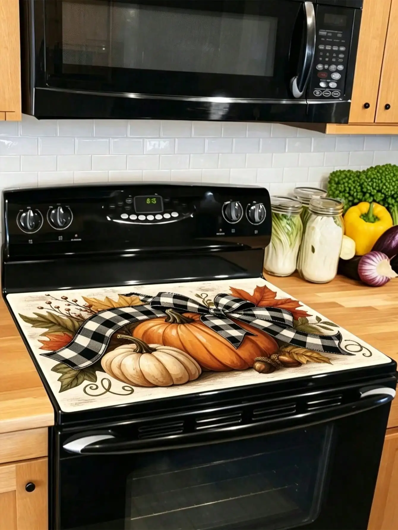 2D Flat, Autumn Harvest Pumpkin Pattern Stove Top Cover, Rustic Plaid Bow Design, Cozy Fall Kitchen Decor, Scratch Resistant, Durable & Reusable Stove Top Cover Board, Ideal For Glass, Kitchen Essentials, Fall Decor, Fall Home Decor