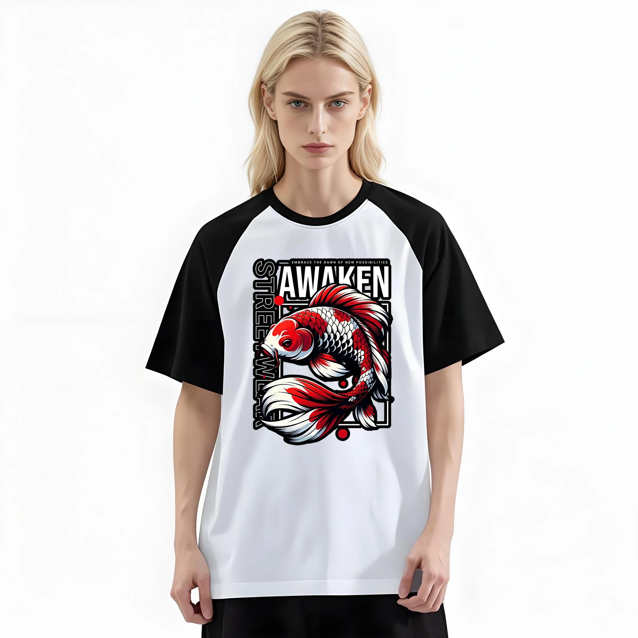 Women'S Fashion Raglan Sleeve T-Shirt, Awaken Streetwear Red White Koi Fish Japanese Street Art Printed, Summer Casual Comfortable Tee, Women'S Everyday Short-Sleeve Top