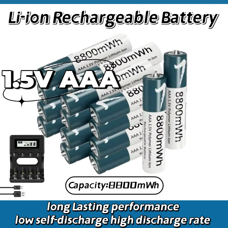 

Rechargeable AAA Lithium Battery 1.5V 8800mWh Constant Voltage Long-Lasting for Remote Control, Mouse, Keyboard, Small Fan, Toys