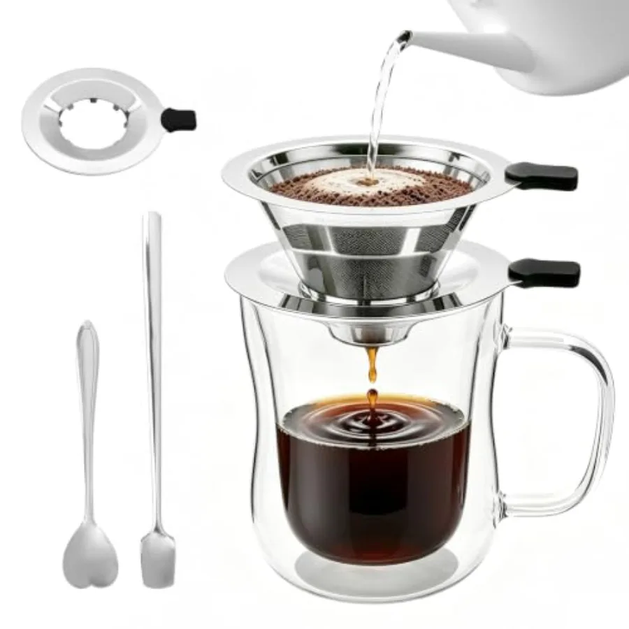 

Pour Over Coffee Maker with Cup, 2-in-1 Immersion and Drip Coffee Dripper, Stainless Steel Reusable Filter, Fits 3.3 4 Inch Cup