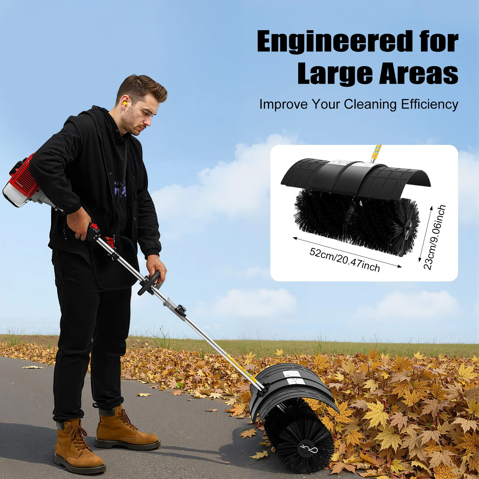 

2.3HP Gas-Powered Sweeper, 8500RPM 2-Stroke 1.7kw Engine Yard Brush, Wide-Brush Outdoor Cleaner for Leaves Dirt Cleaning