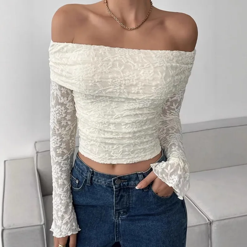 One-Shoulder Long Falre Sleeve Slim Elegant Sexy Commuter Dating Holiday Tops Sexy Slash Lace Long Blouse Spring Flowral Crochet