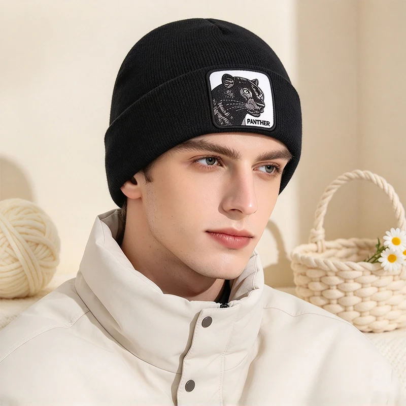 Men Women Knit Beanie Hat Panther Patch Embroidered Unisex Classic Cuffed Winter Skull Cap Warm Hat for Streetwear Outdoor