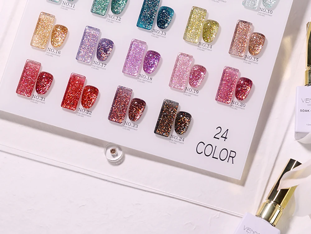 Vendeeni 24 Farben Hochdichter Glitzer-Nagelgel-Lack, Glänzender UV-Gel-Lack für Nagelkunst, Funkelnder UV-Soak-Off-Gel-Lack – Detail 18