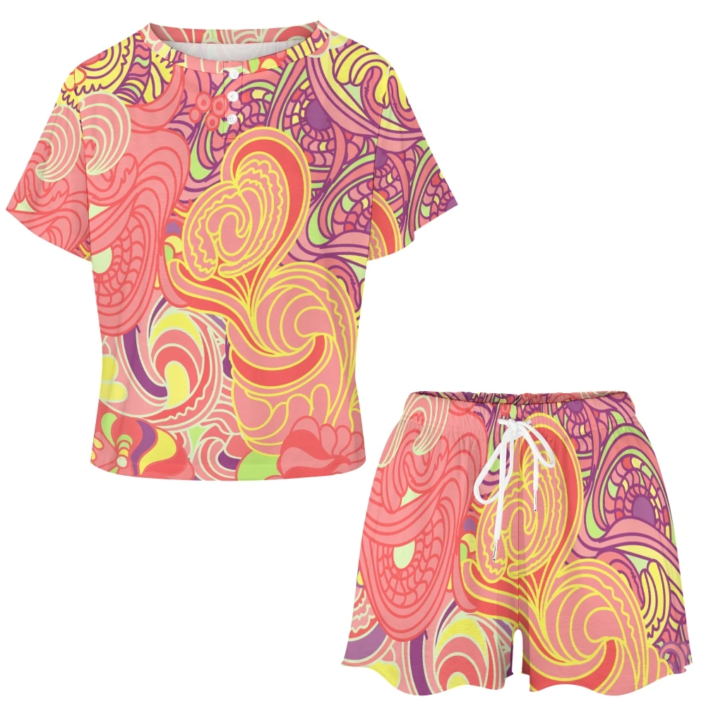 Colorful Trippy Pattern Women's 2-Piece Button Down Short Sleeve Button Front Sleepwear Loungewear PJ Set Summer Home Suit