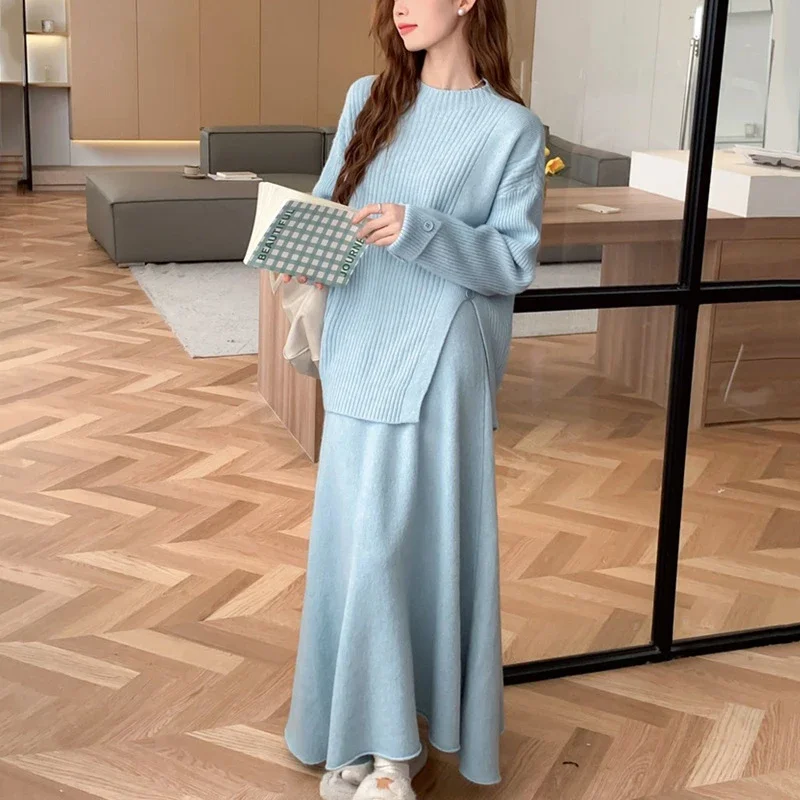 Design irregolare da donna Spessore ed elegante maglione lavorato a maglia con spacco Gonna donna a pieghe con volant Set due pezzi Girocollo Pullover Outfit