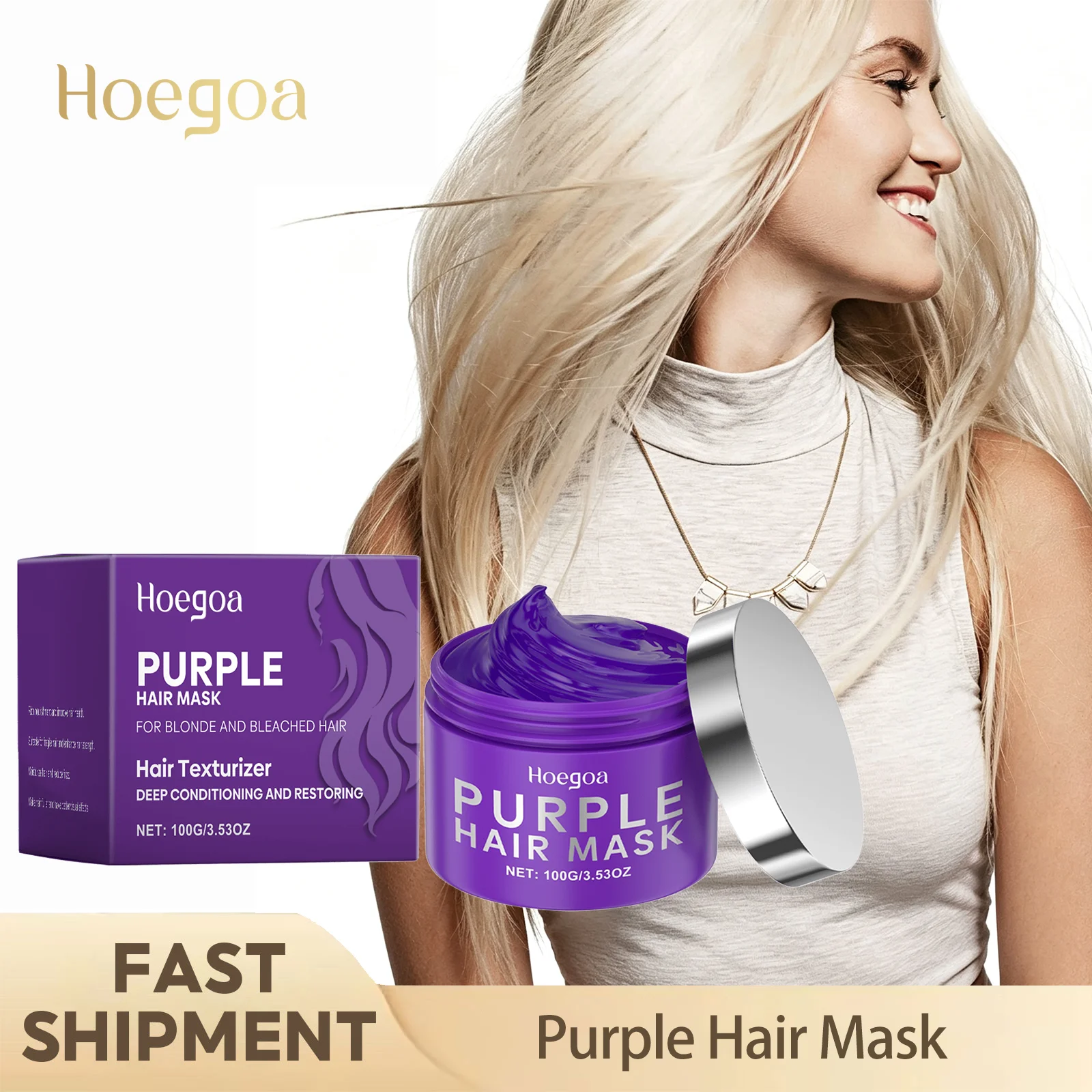 Hoegoa Purple Hair Mask Deep Repair Damaged Hair Reduce Split Ends Moisturize Dry Frizzy Hair Maintain Dyed Hair Color 100g