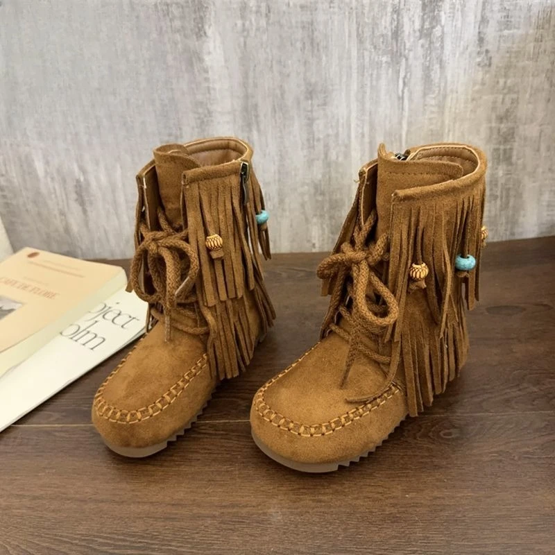

Girls Autumn Vintage Brown Tassel Mid Calf Boots Comfortable Flat Sole Korean Style Fashion Kids Boots