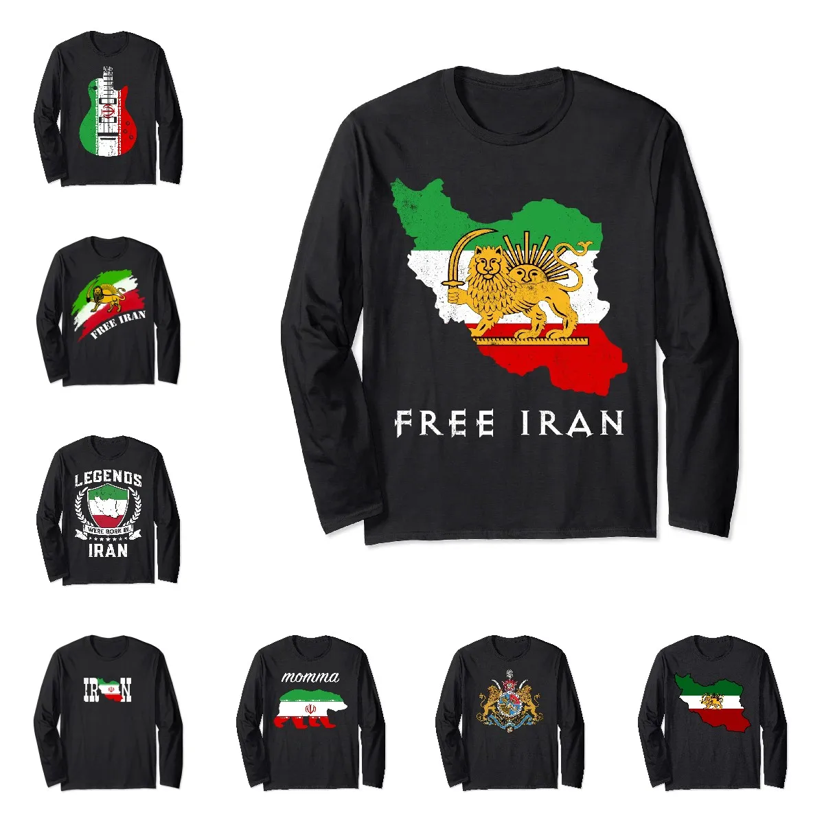 Iran Flag Map Lion Sun Long Sleeve T Shirt Men Women Unisex T-Shirt LS Tops 100% Cotton Tees