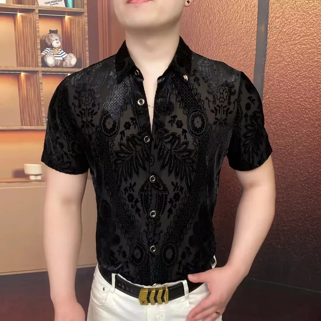 Velvet Jacquard Mesh Shirt for Men 2025 Summer Short Sleeve Casual Shirts Male Nightclub Social Sexy Perspective Shirt M-5XL