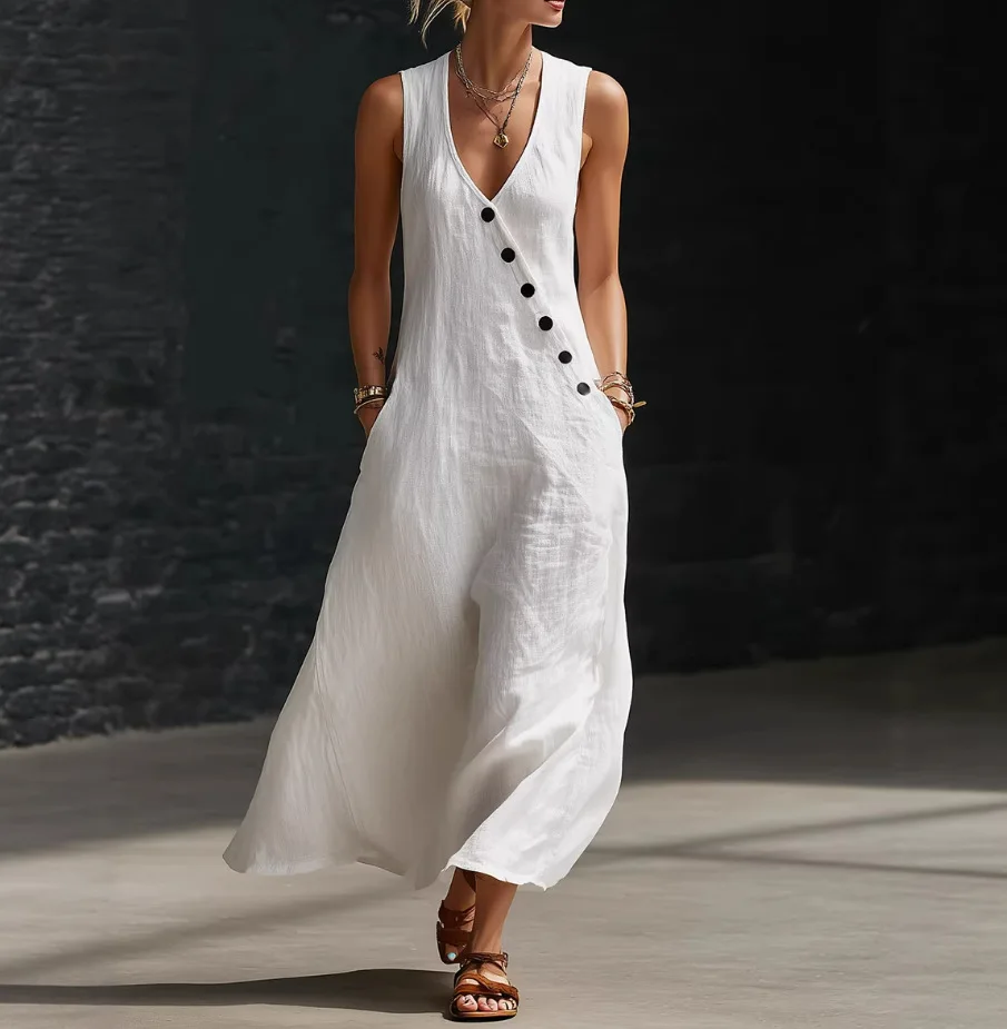 2026 Sommer Damen Baumwoll-Leinen A-Linien-Maxikleid mit V-Ausschnitt, ärmellos, asymmetrisch, Knopfleiste, Westenkleid, locker geschnitten, lässig, für den Urlaub am Strand – Detail 6