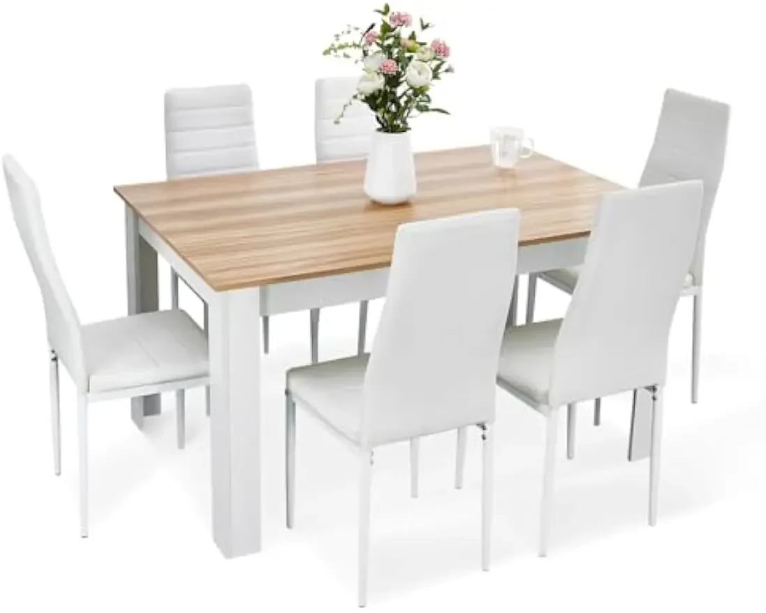 Dining Table and Chairs Set 6, 7 Pieces Kitchen Table Set with High Back Faux Leather Chair for Dining Room Kitchen Rectangular