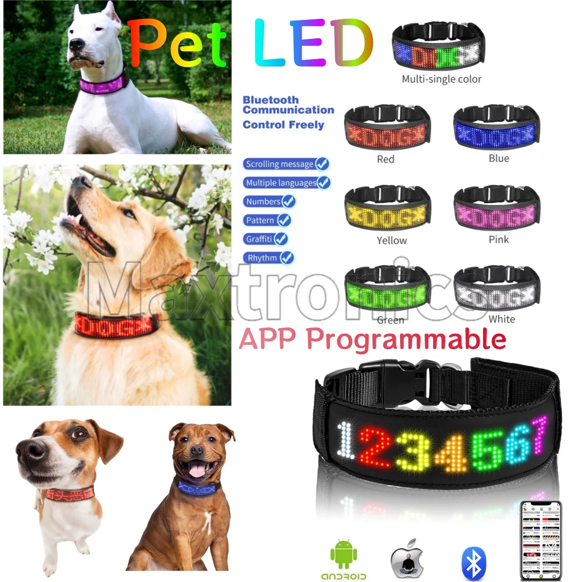 

New RGB Pet LED Dog Collars USB Rechargeable Multilingual Flashing Light Up Screen Dog Collar Safe Luminous Necklace Adjustable