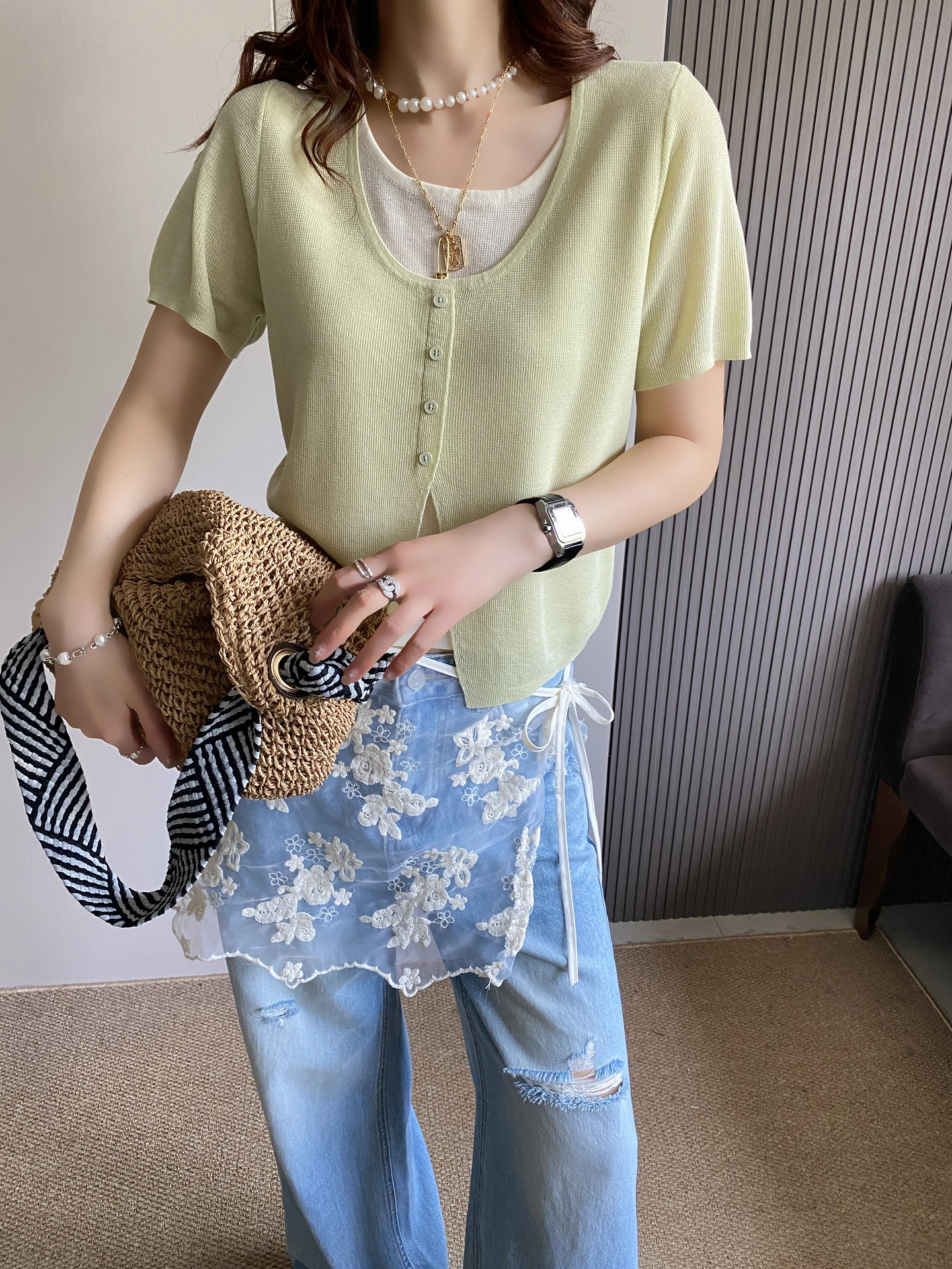 

Summer New Loose Knitted Short Sleeve T-Shirt Women's Pasted Color Block Fake Two-Piece Breathable Soft Ice Silk Top
