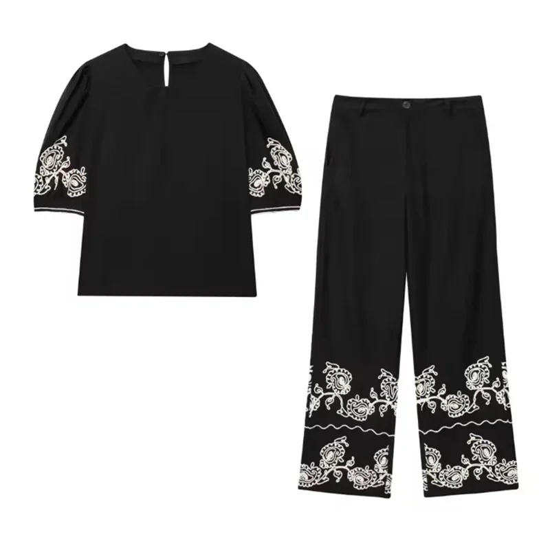 

Wide Leg Pants Women's Fashion Clothing Two Piece Set Summer Street Fashion Outfit Embroidered Mixed Linen Blend Top