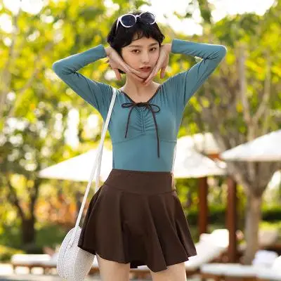 

Элитный цельный купальник с длинным рукавом для девочек, модный, в японском стиле, для термальных источников, для студенческих поездок, корректирующий фигуру