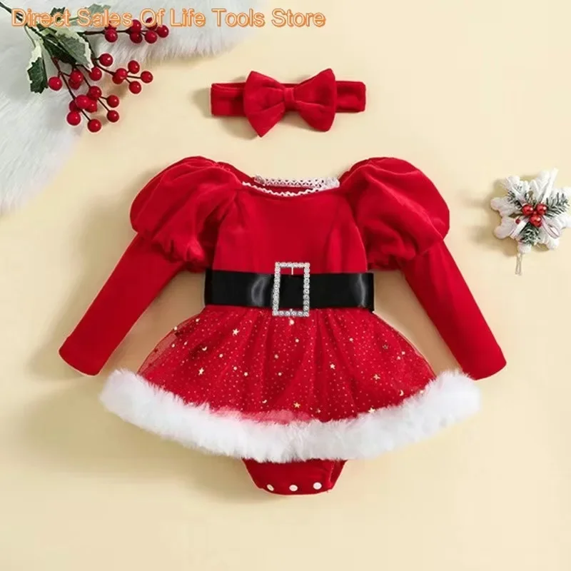 Baby Girls Christmas Romper Dress Sequins Stars Moon Patchwork Skirt Plush Hem Long Sleeve Bodysuit with Headband