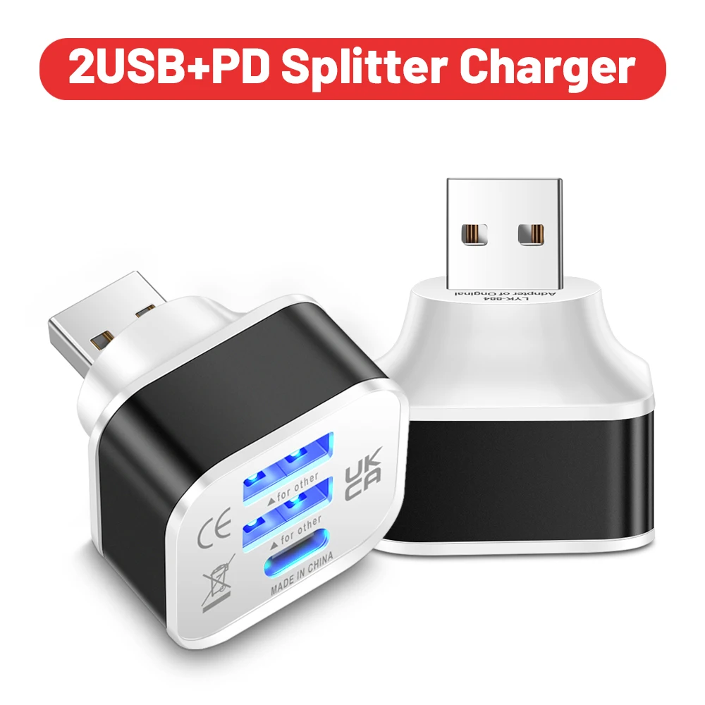 3 portas novo 2.0 2usb + tipo-c carregador expansor usb divisor adaptador de hub usb conector multiuso para iphone 14 pro samsung