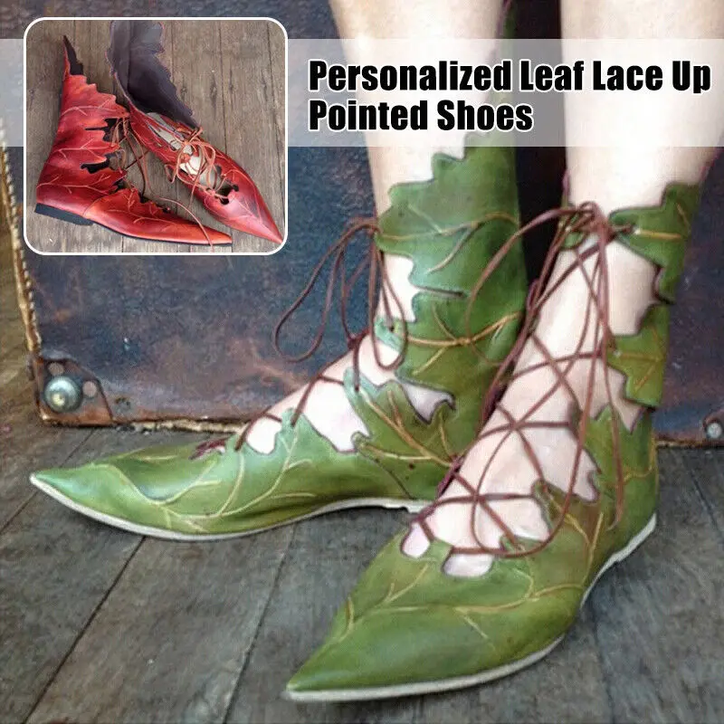 

Lace Up Women Flats Pixie Fairy Boots W/Leaves Forest Festival Shoes Gothic Elf Witch Boots Tree Spirit Leaf Boots Women Shoes
