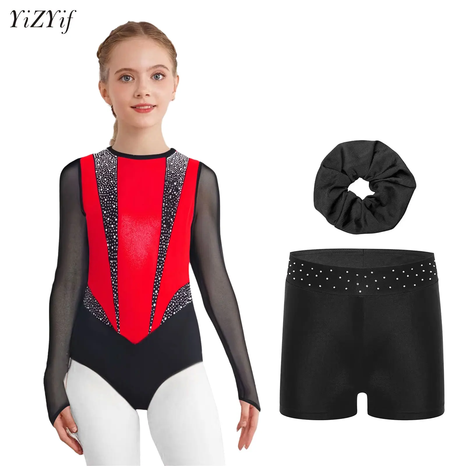 

Girls Gymnastics Ballet Jersey Leotard Costume Dance Wear Metallic Shiny Rhinestones Skating Bodysuit with Shorts Headwear Set