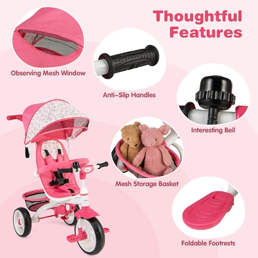 Tricycle pour tout-petits Tricycle 6 en 1 avec poignée Parent, harnais de sécurité de rangement Capy réglable et freins de roue Tricycle Push pour bébé S