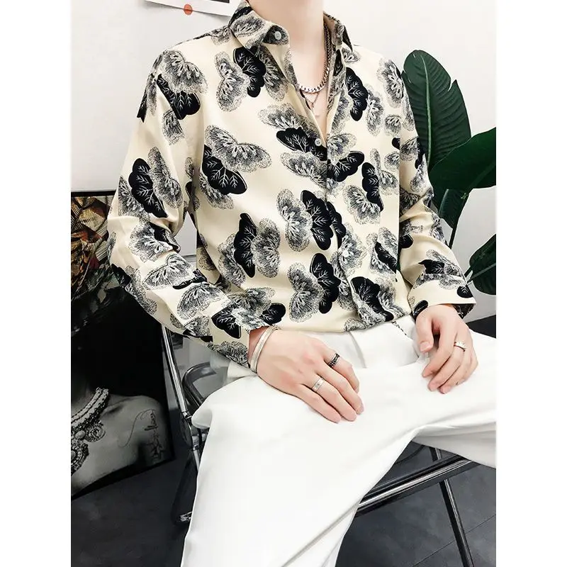 2023 Spring and Summer Thin Loose Casual Lazy Draping Silk Skating Ice Silk Creative Fashion Design Butterfly Print Men\'s Shirt