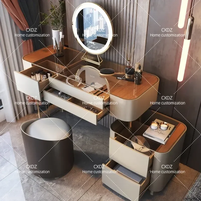 Light Luxury Solid Wood Dresser with Tempered Glass Top Integrated Makeup Table Storage Cabinet for Small Apartment Modern