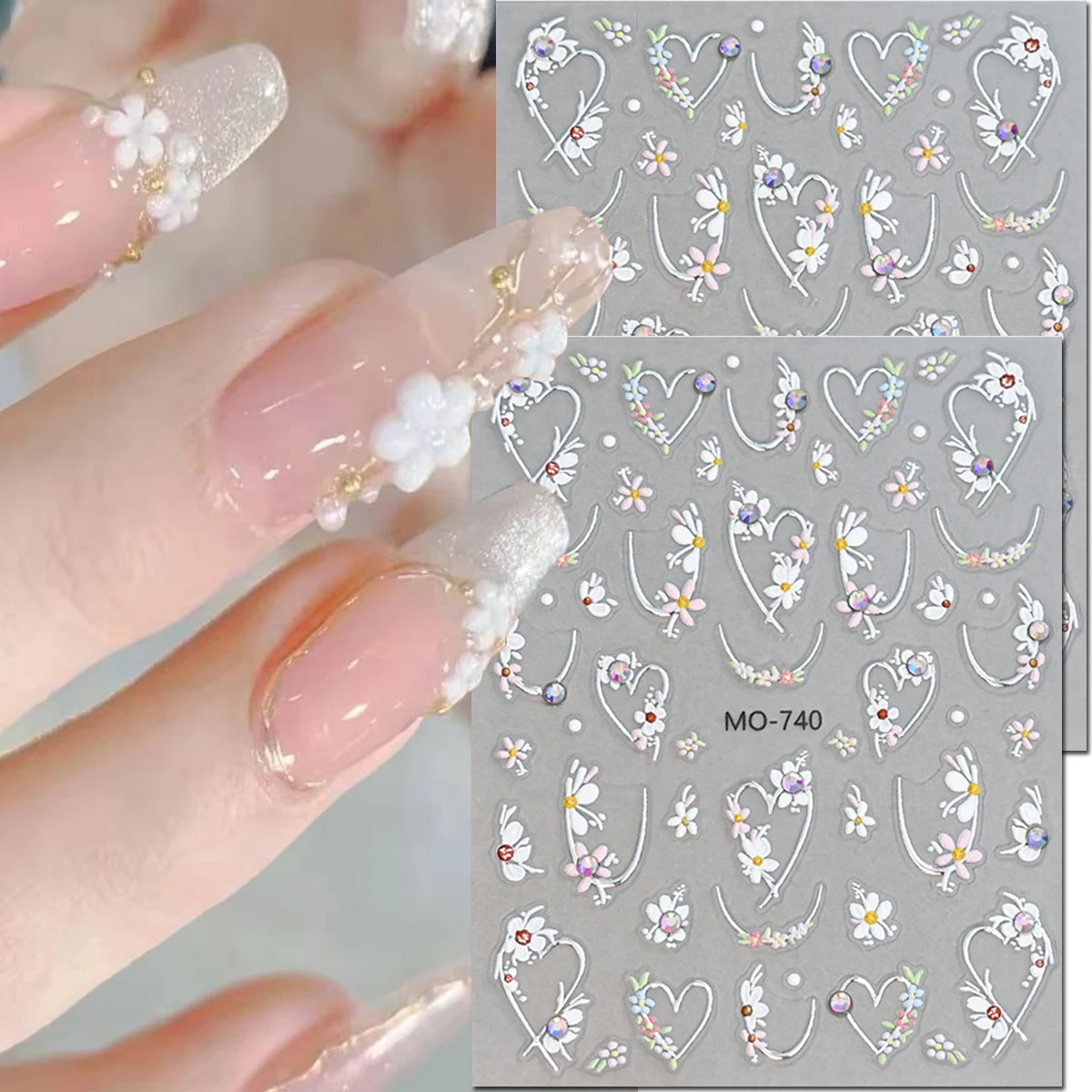 2pcs Colorful Flowers French Loves Silver Lines Diamonds Studs Nail Art Stickers 5d Embossed Nail Decals For Manicure Beauty DIY
