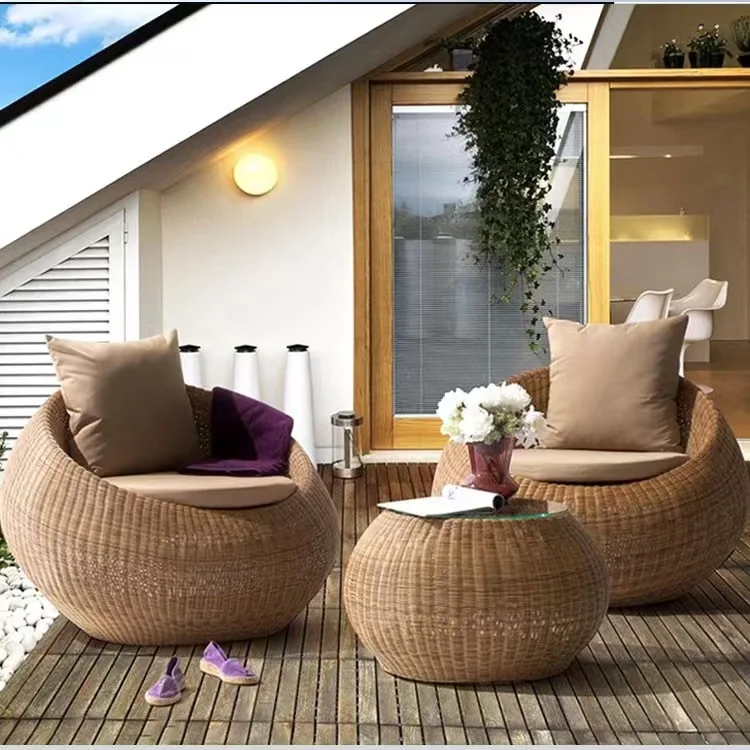 Outdoor sofa courtyard terrace rattan three-piece set coffee table circular garden leisure rattan furniture combination rattan