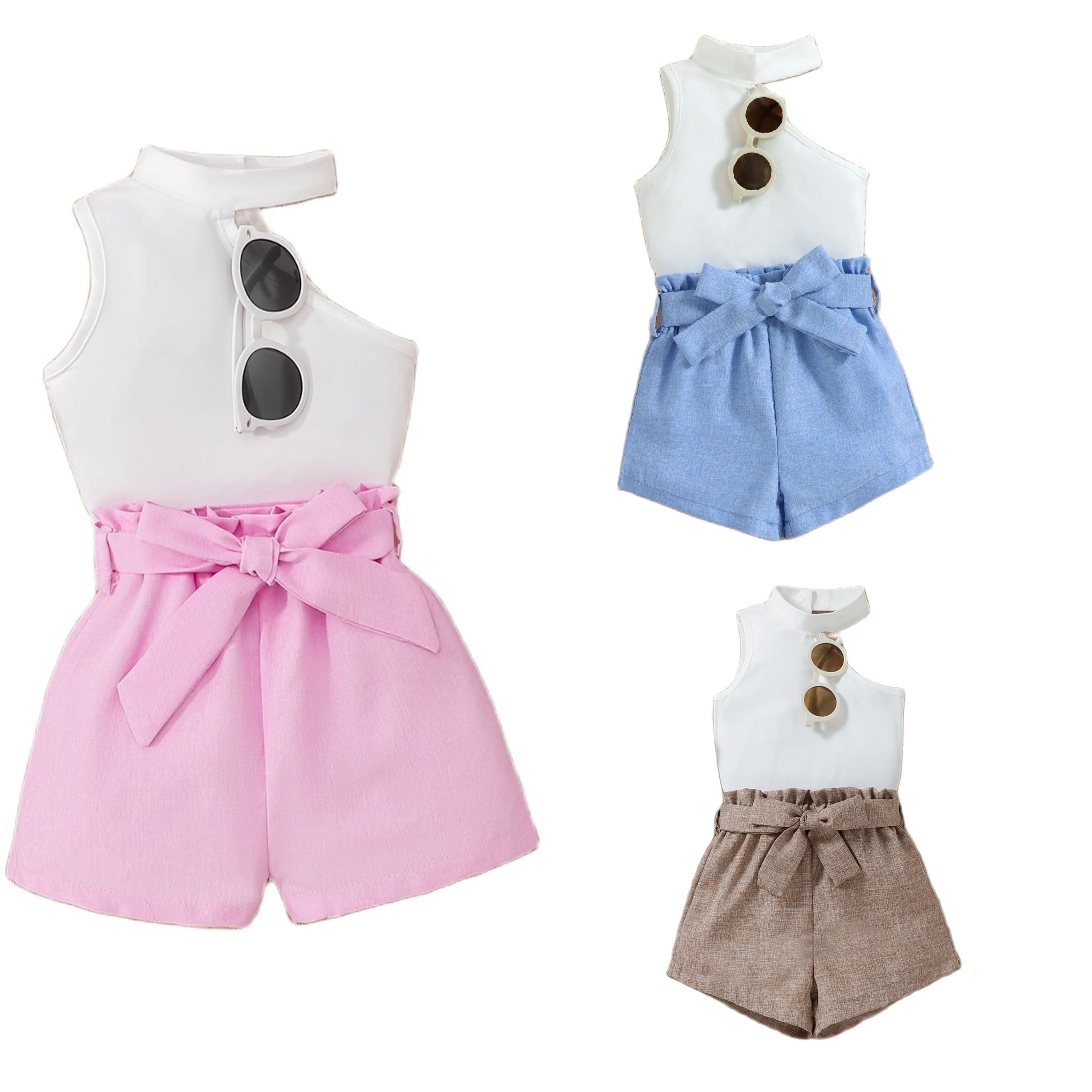 2-6 Year Old Summer Children's Clothing Little Girl Suits Sleeveless One Shoulder Off Shoulder Top and Belt Shorts 3Pcs Set