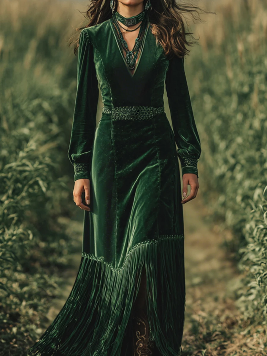 우아한 여성 벨벳 드레스 프린지 헴 섹시한 V넥 긴 소매 보헤미안 하이웨이스트 롱 슬리브 A라인 이브닝 파티 맥시 드레스 2026